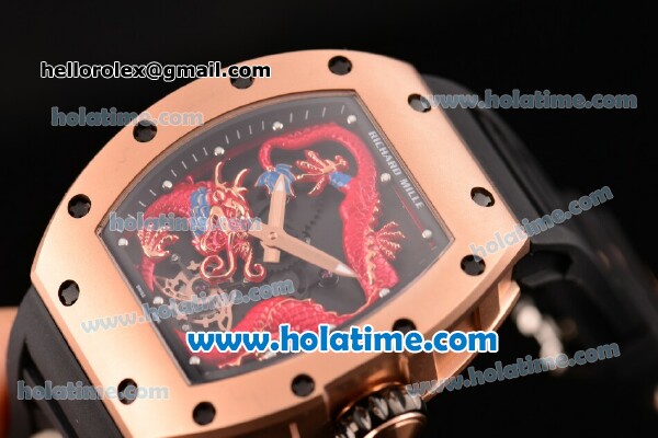 Richard Mille Tourbillon RM 057 Dragon Swiss ETA 2824 Automatic Rose Gold Case with Black Rubber Strap and Red Dragon Dial - Click Image to Close